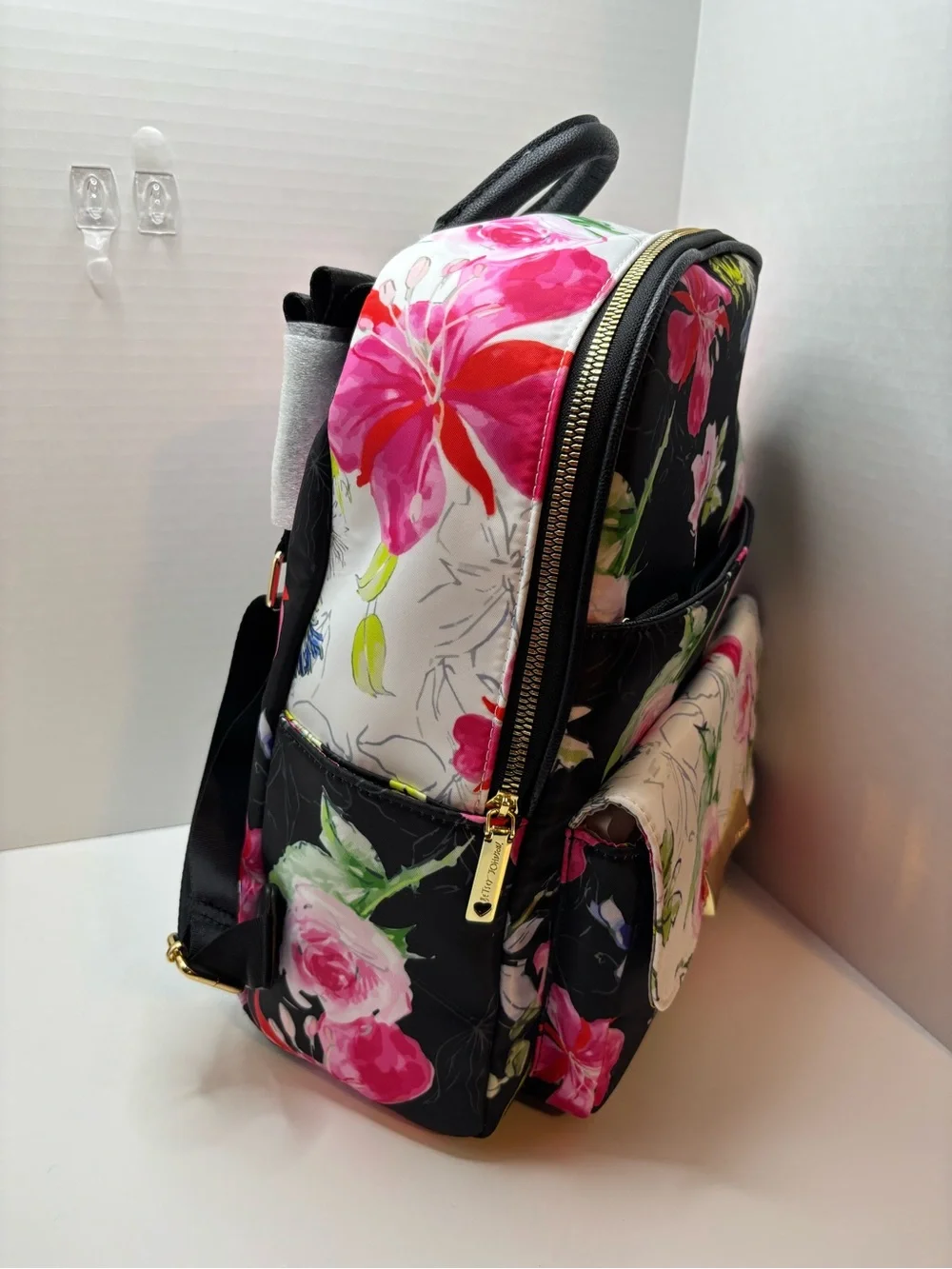 Betsey Johnson Floral Print Backpack - Black W Pink & White Floral Accents